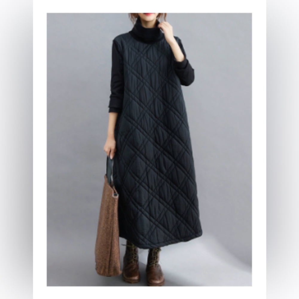 Black Quilted High-Neck Midi Dress